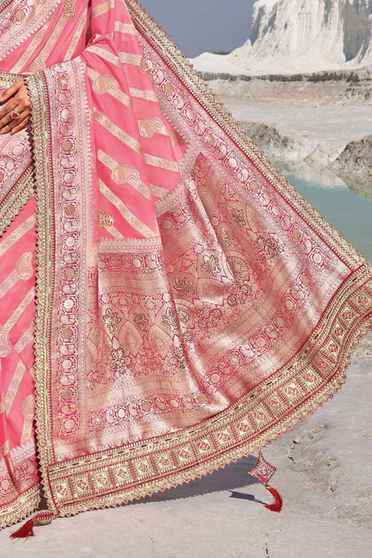 Silk Fabric Peach Color Gorgeous Wedding Wear Saree