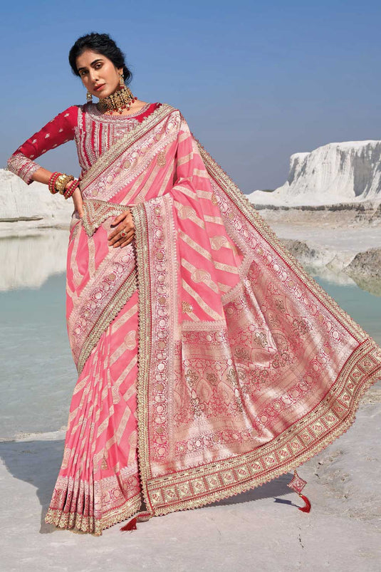 Silk Fabric Peach Color Gorgeous Wedding Wear Saree