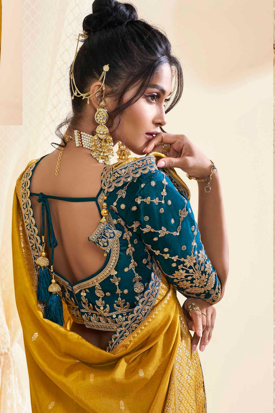 Silk Fabric Sangeet Wear Luxurious Saree In Mustard Color
