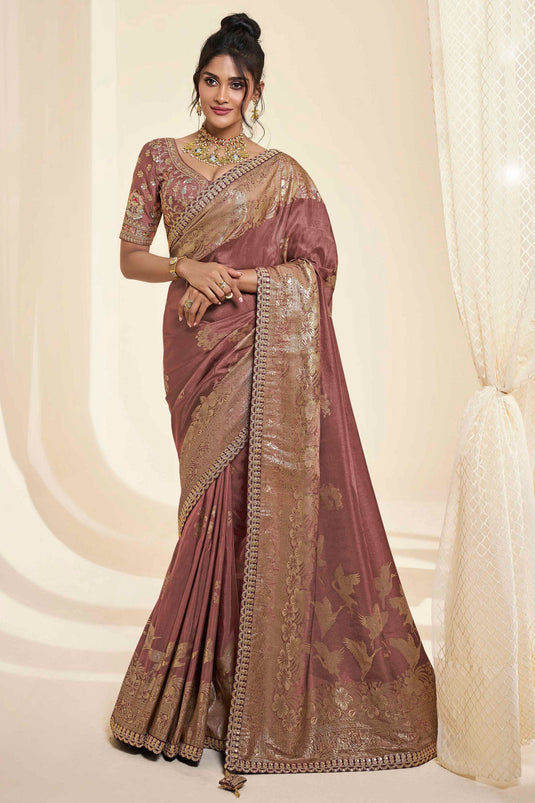 Pink Color Silk Fabric Sangeet Wear Luminous Saree