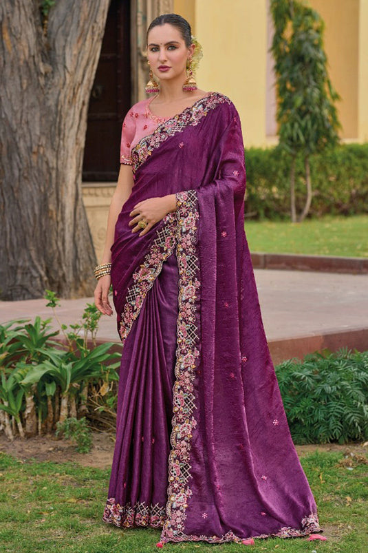 Excellent Organza Silk Fabric Purple Color Saree With Border Work