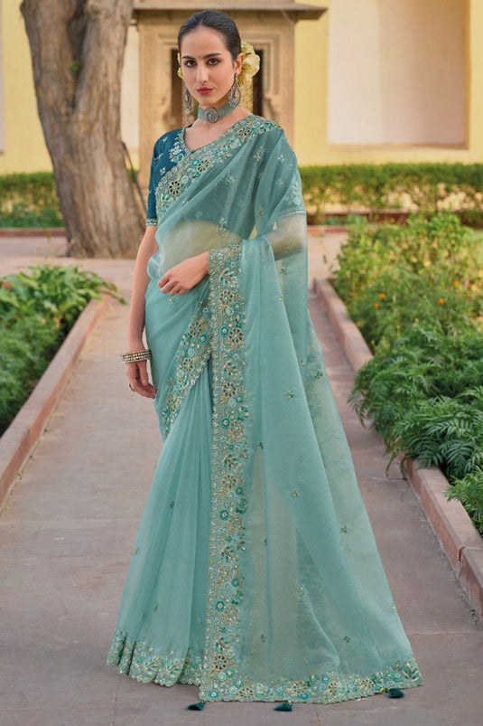 Tempting Organza Silk Fabric Light Cyan Color Saree With Border Work