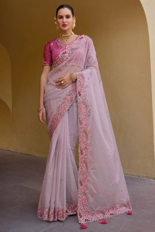 Classic Border Work On Pink Color Saree In Organza Silk Fabric