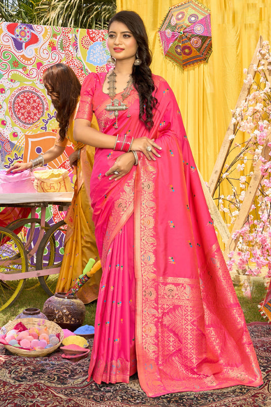 Weaving Work Soothing Function Wear Silk Saree In Pink Color