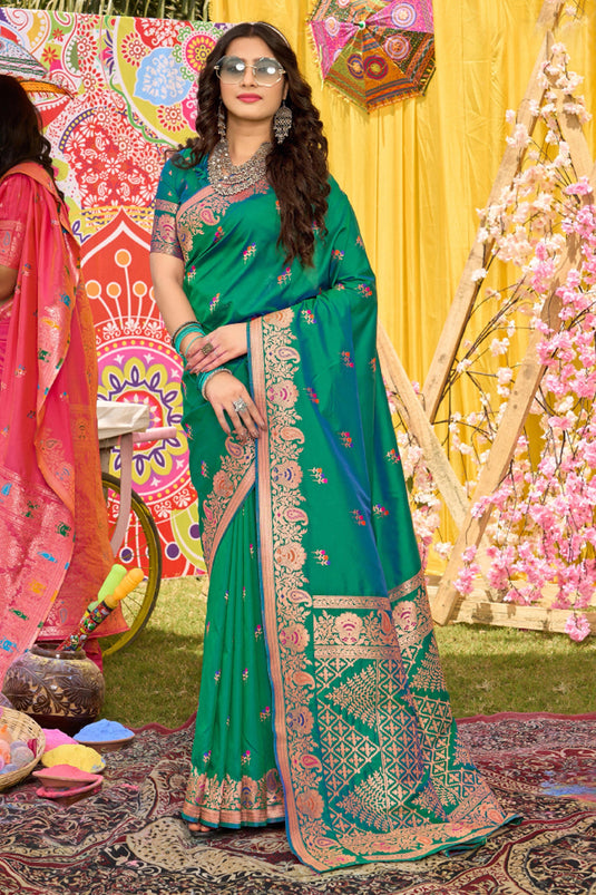 Green Color Exquisite Weaving Work Function Wear Silk Saree