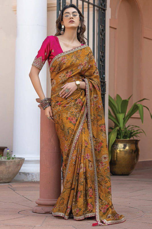 Excellent Viscose Fabric Mustard Color Saree With Printed Work