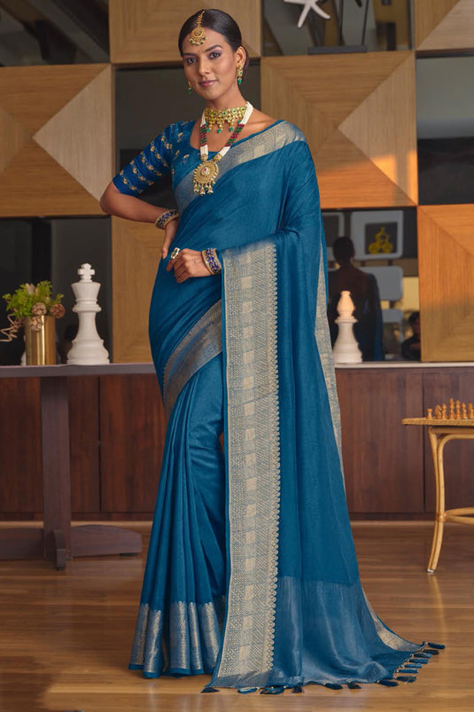 Festive Wear Art Silk Fabric Cyan Color Magnificent Saree