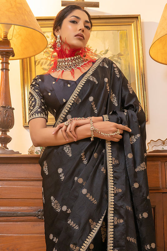 Tempting Silk Fabric Grey Color Saree With Embroidered Work