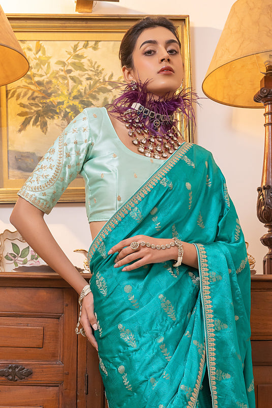 Silk Fabric Cyan Color Delicate Saree With Embroidered Work