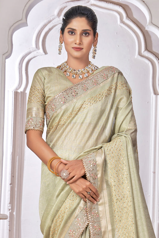 Cream Color Fantastic Silk Fabric Saree With Embroidered Work