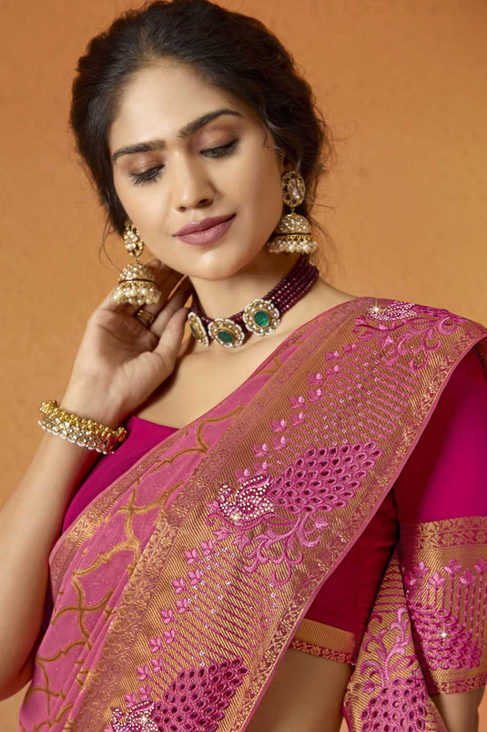 Blazing Pink Color Embroidered Georgette Saree