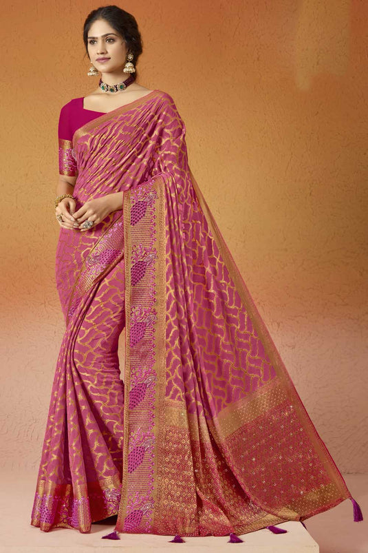 Blazing Pink Color Embroidered Georgette Saree