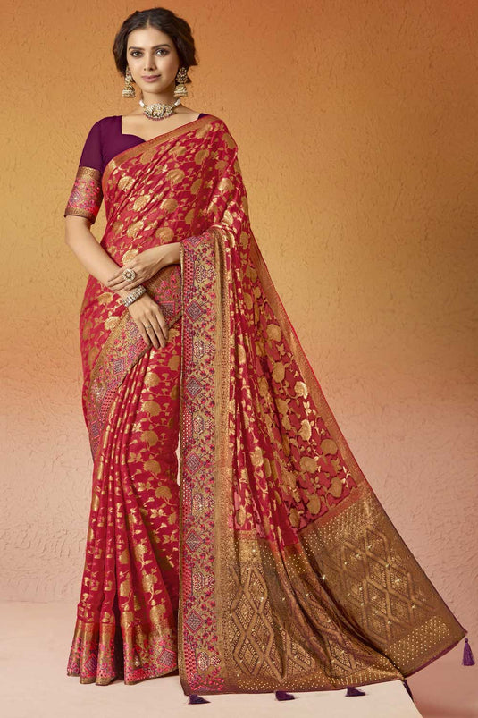 Red Color Exquisite Embroidered Georgette Saree