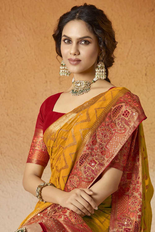 Mustard Color Embroidered Graceful Georgette Saree