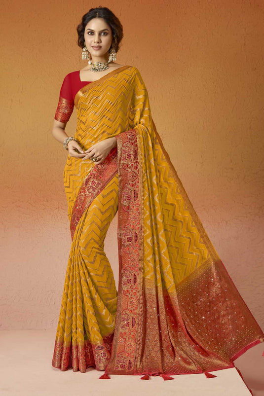 Mustard Color Embroidered Graceful Georgette Saree