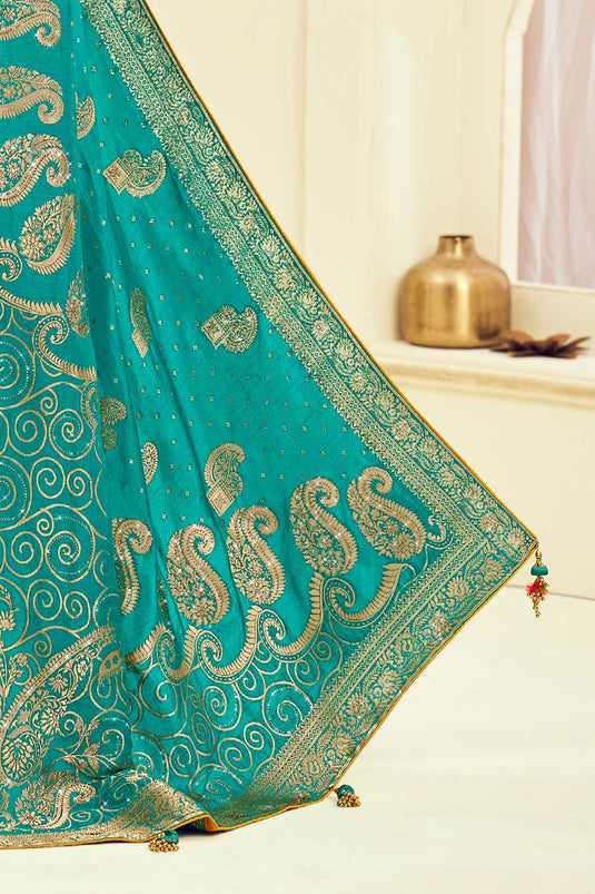 Sea Green Color Brilliant Weaving Designs Silk Saree