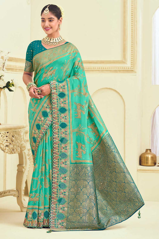 Sea Green Color Glamorous Weaving Designs Silk Saree