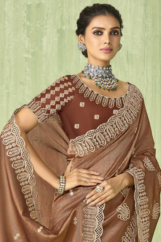 Dazzling Brown Color Silk Fabric Saree