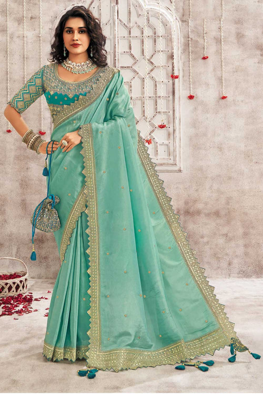 Soothing Border Work Light Cyan Color Organza Saree