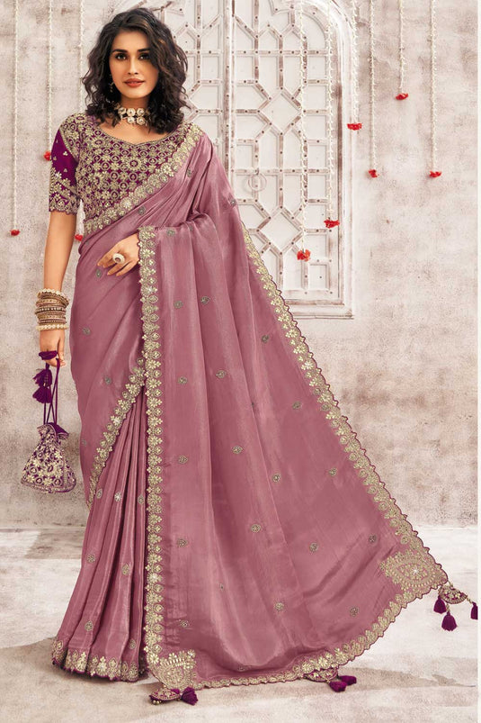 Border Work Organza Pink Color Gorgeous Saree