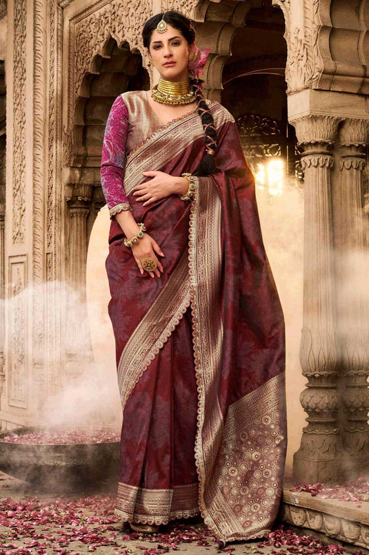 Soothing Festive Wear Maroon Color Banarasi Silk Saree