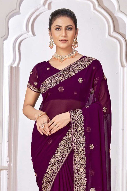 Purple Color Border Work Brilliant Georgette Saree