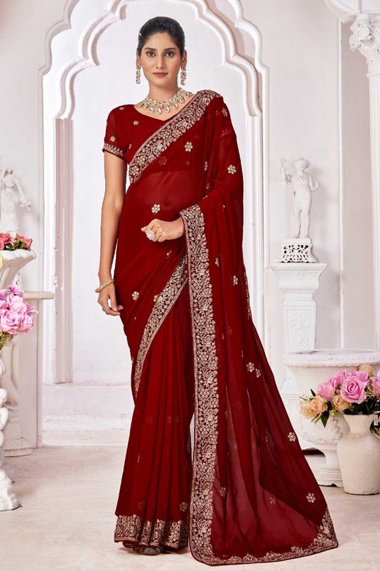 Soothing Georgette Border Work Saree In Maroon Color