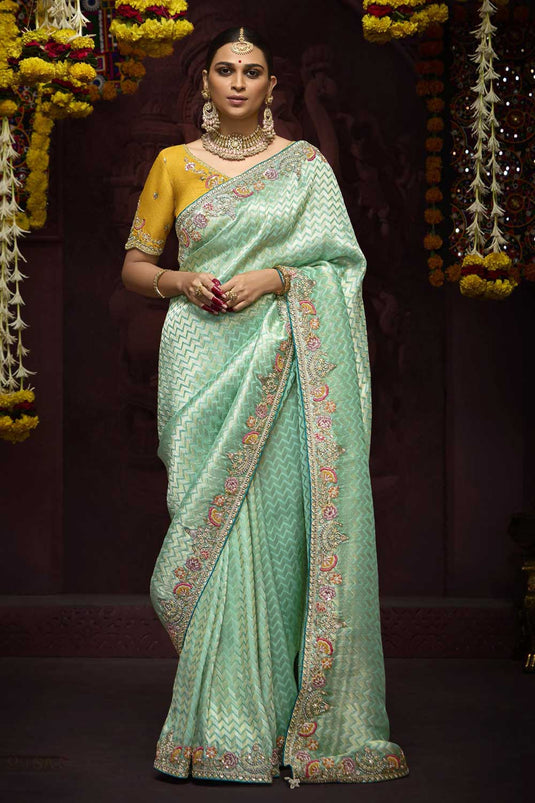 Light Cyan Color Coveted Border Work Silk Saree