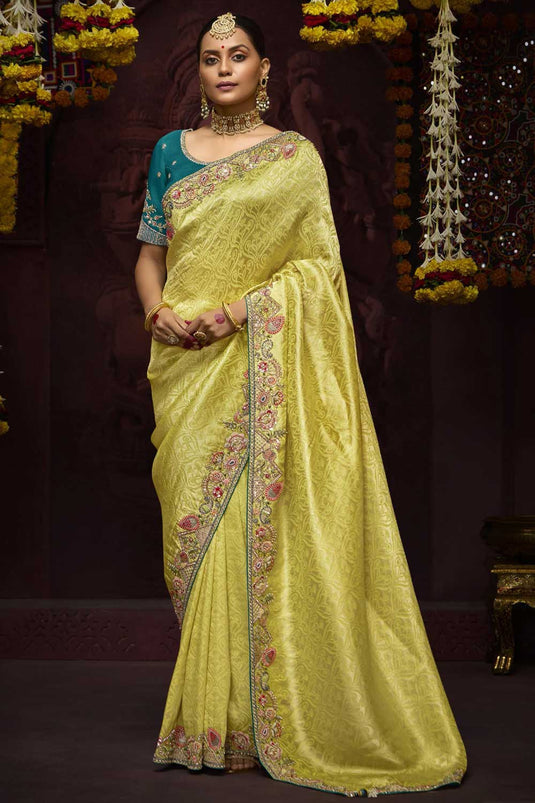 Yellow Color Lovely Border Work Silk Saree