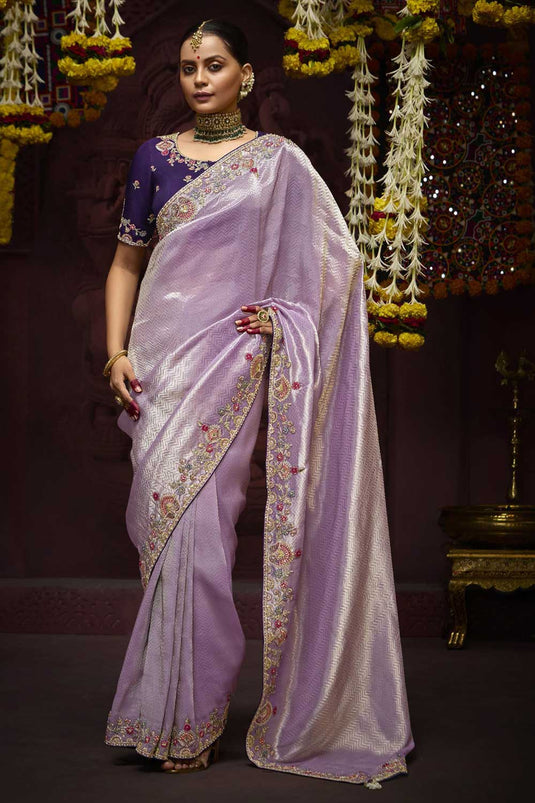 Lavender Color Patterned Border Work Silk Saree