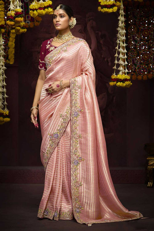 Peach Color Sober Border Work Silk Saree