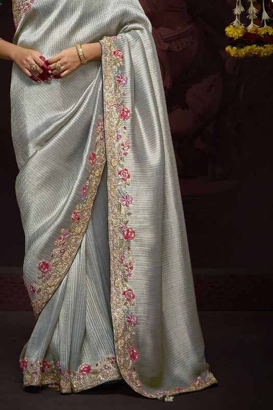 Creative Grey Color Border Work Silk Saree