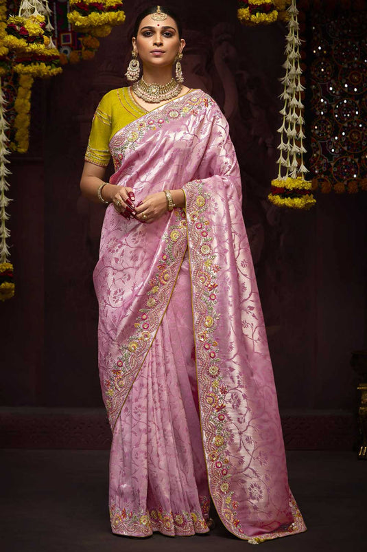 Pink Color Stunning Border Work Silk Saree