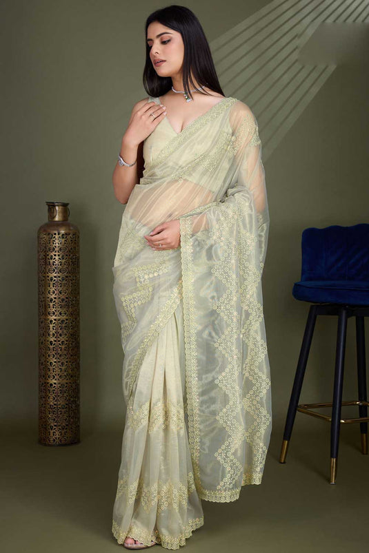 Elegant Net Fabric Beige Color Embroidered Saree