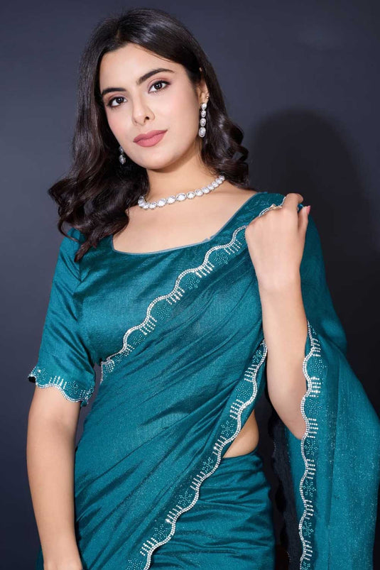 Blazing Teal Color Border Work Fancy Fabric Saree