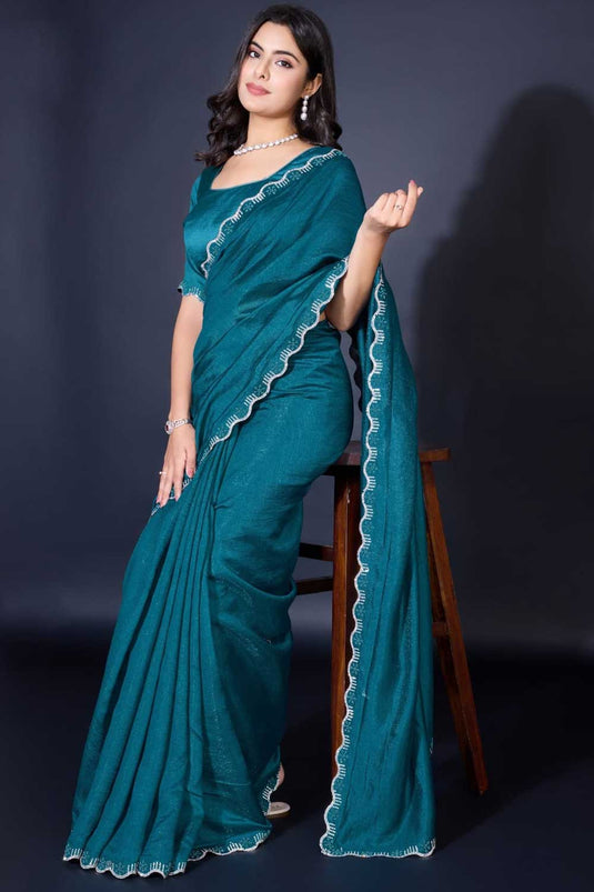 Blazing Teal Color Border Work Fancy Fabric Saree