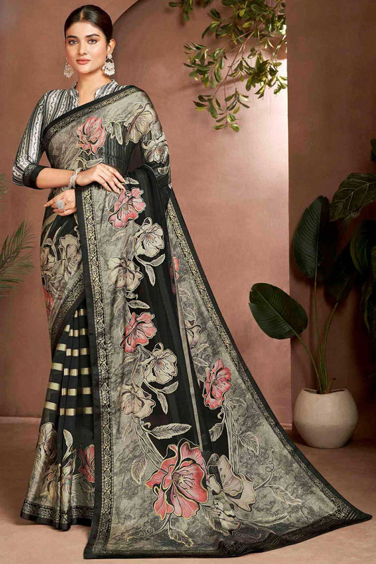 Trendy Digital Printed Brasso Fabric Black Color Saree