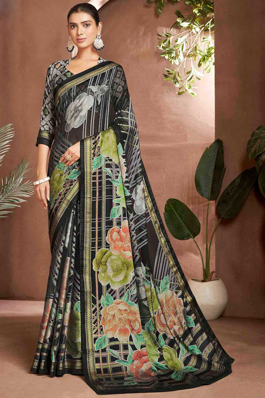 Solid Brasso Fabric Digital Printed Saree In Black Color