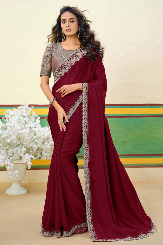 Delight Shimmer Silk Saree In Maroon Color