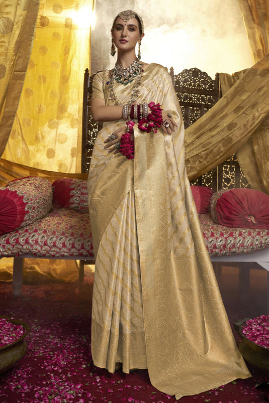 Majestic Beige Zari Weaving Work Sangeet Wear Saree