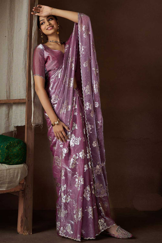 Function Wear Soothing Satin Silk Saree In Lavender Color