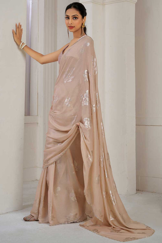 Peach Color Exquisite Function Wear Satin Silk Saree