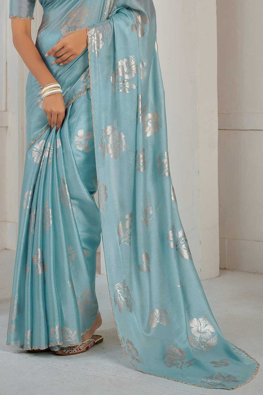 Attractive Function Wear Satin Silk Saree In Light Cyan Color