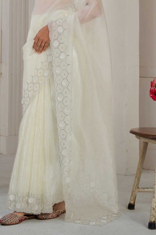 Off White Color Pleasant Organza Fabric Saree