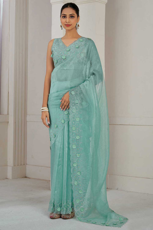 Sea Green Color Brilliant Organza Fabric Saree