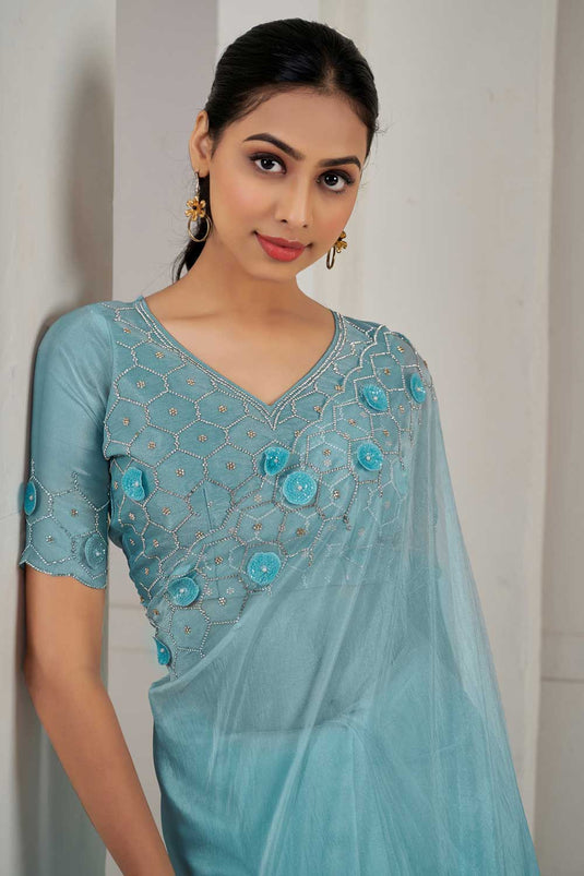 Imposing Organza Fabric Saree In Light Cyan Color