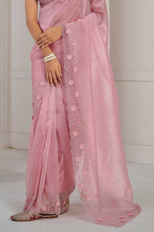 Peach Color Glorious Organza Fabric Saree