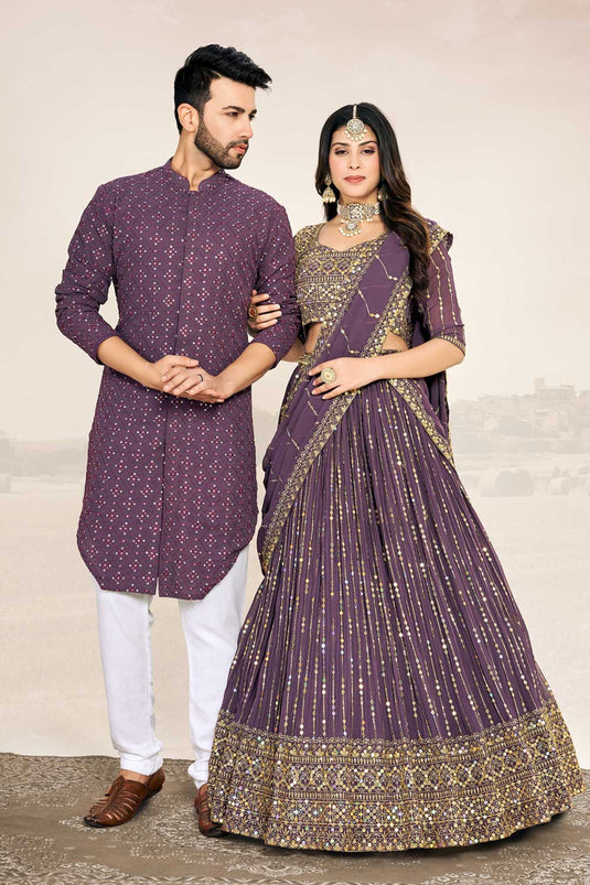 Sequins Work Georgette Ravishing Couple Wear Set In Lavender Color