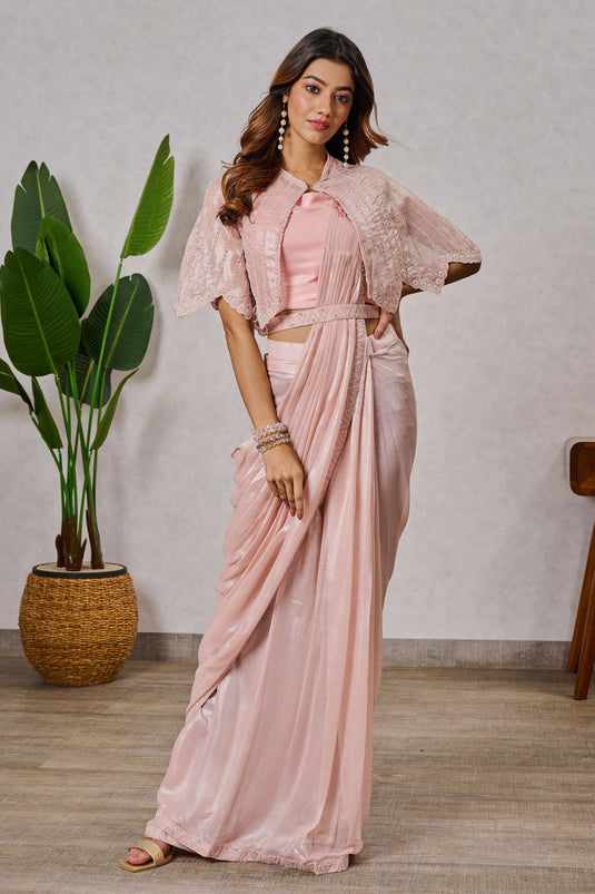 Incredible Embroidered Work On Georgette Fabric Peach Color One Minute Saree