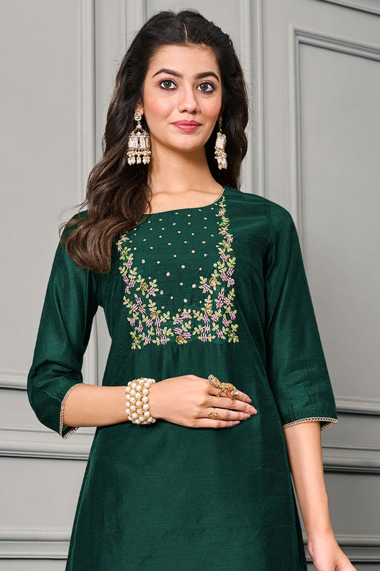 Festive Wear Enticing Dark Green Color Cotton Silk Readymade Salwar Suit